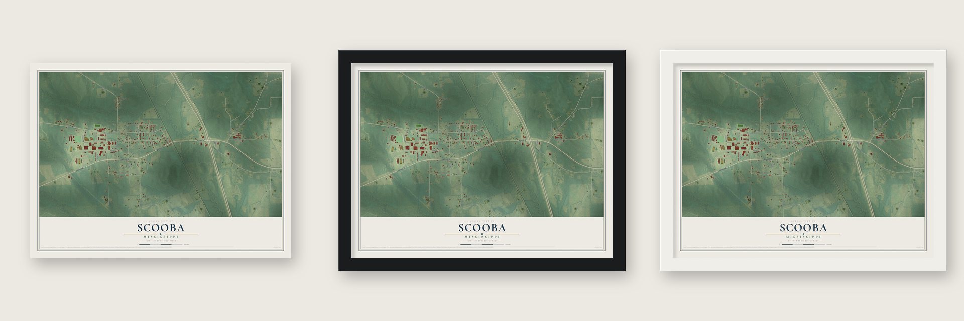 Scooba, Mississippi map unframed, in a black wood frame and in a white wood frame
