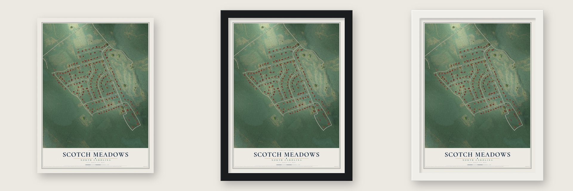 Scotch Meadows, North Carolina map unframed, in a black wood frame and in a white wood frame