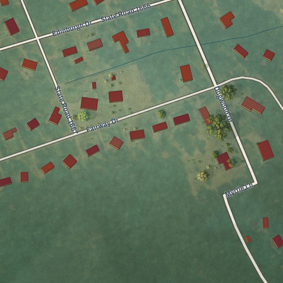 Second close-up of the map of Scotch Meadows, North Carolina print showing more streets and buildings