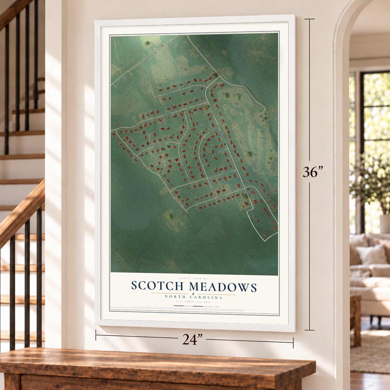 Scotch Meadows, North Carolina map, 24 x 36 inch print in a white frame by a staircase