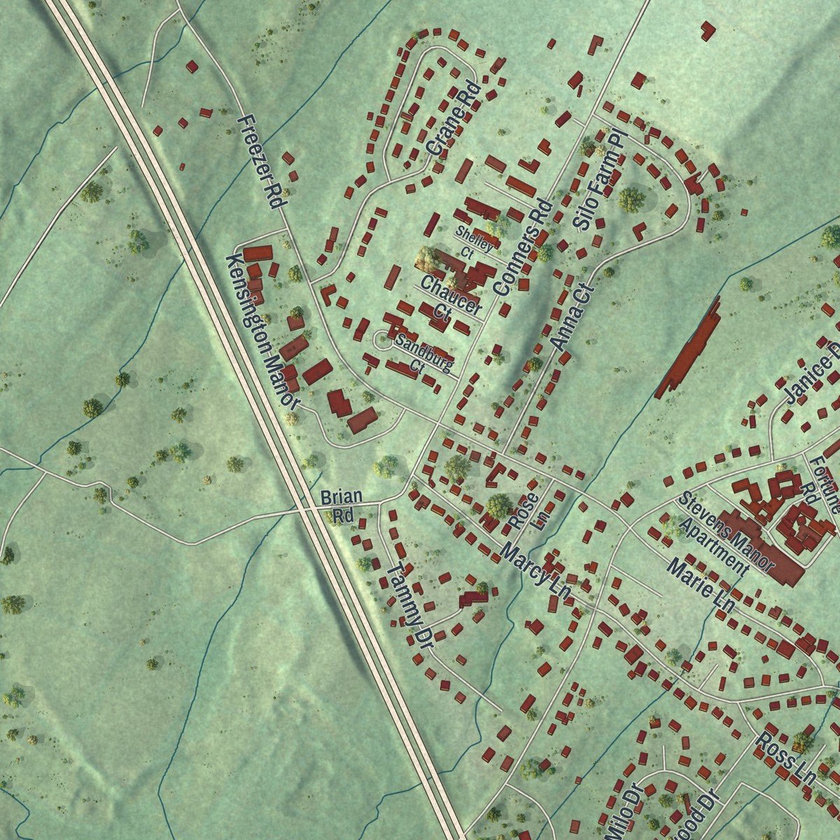 Second close-up of the map of Scotchtown, New York print showing more streets and buildings