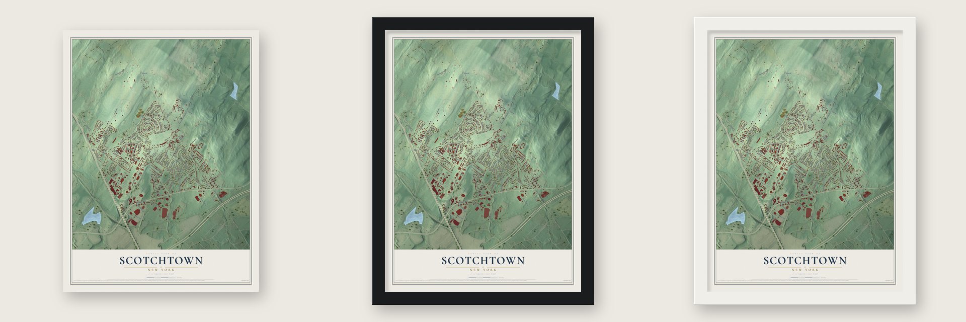 Scotchtown, New York map unframed, in a black wood frame and in a white wood frame