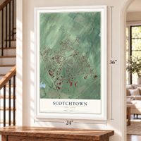Scotchtown, New York map, 24 x 36 inch print in a white frame by a staircase