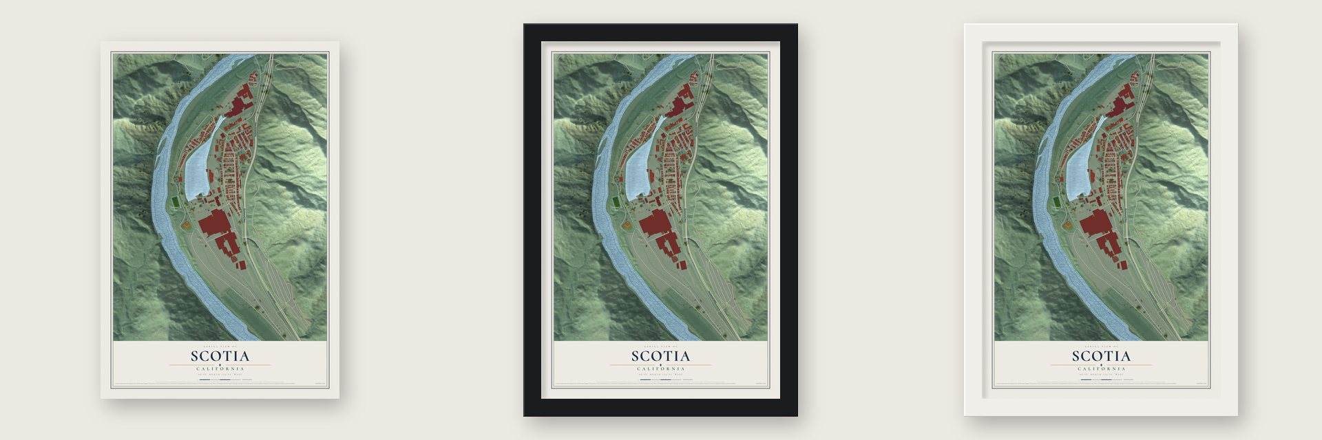 Scotia, California map unframed, in a black wood frame and in a white wood frame
