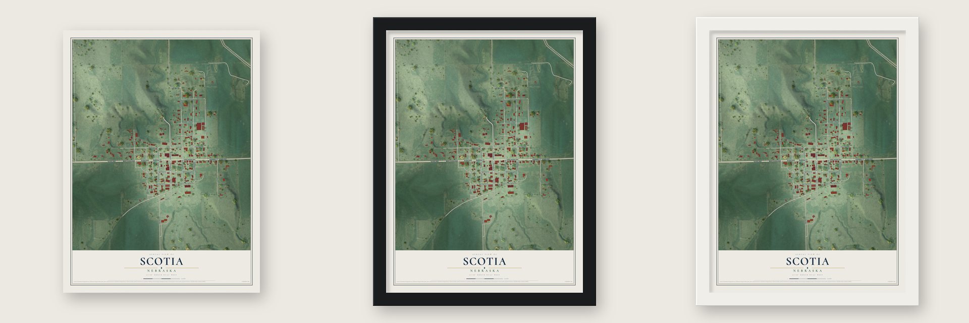 Scotia, Nebraska map unframed, in a black wood frame and in a white wood frame