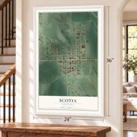 Scotia, Nebraska map, 24 x 36 inch print in a white frame by a staircase
