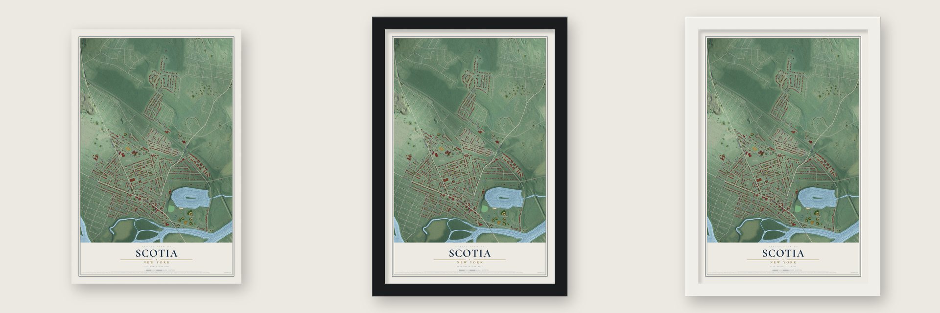 Scotia, New York map unframed, in a black wood frame and in a white wood frame