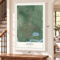 Scotia, New York map, 24 x 36 inch print in a white frame by a staircase