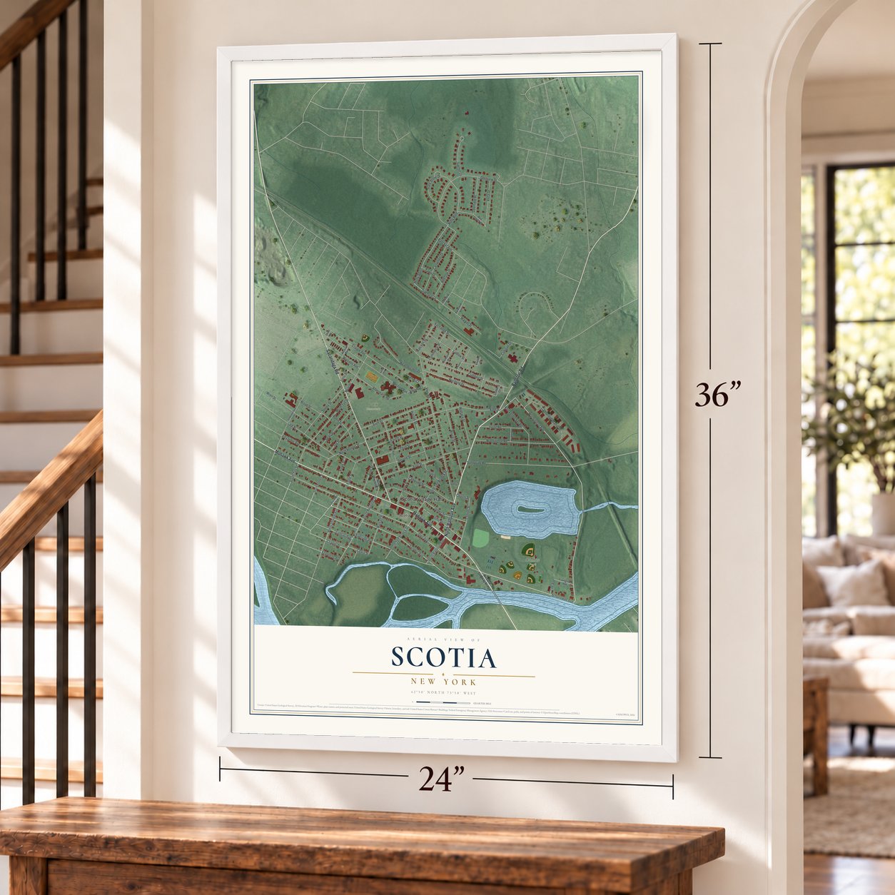 Scotia, New York map, 24 x 36 inch print in a white frame by a staircase