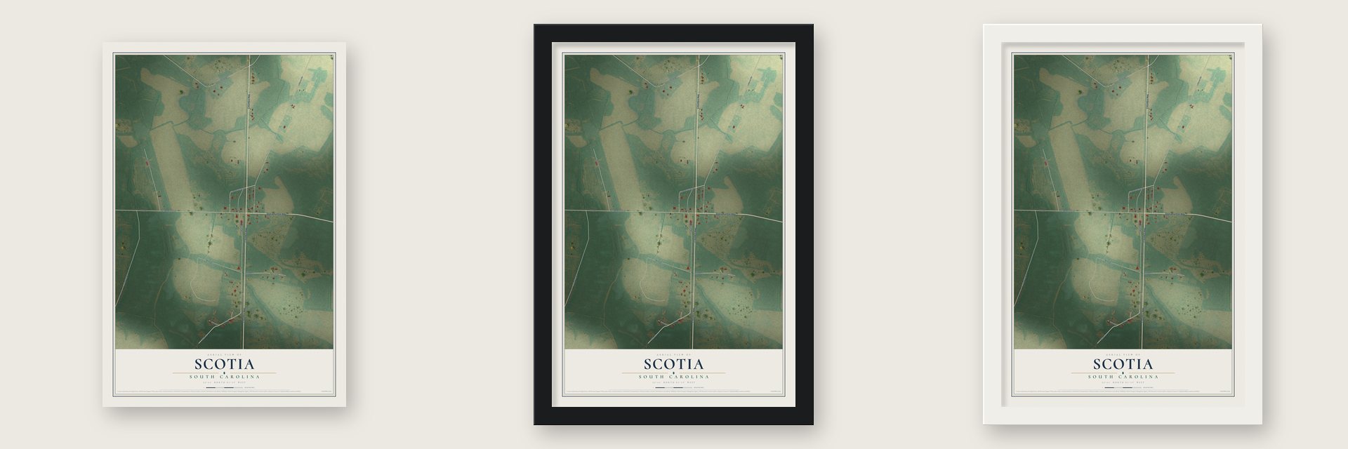 Scotia, South Carolina map unframed, in a black wood frame and in a white wood frame