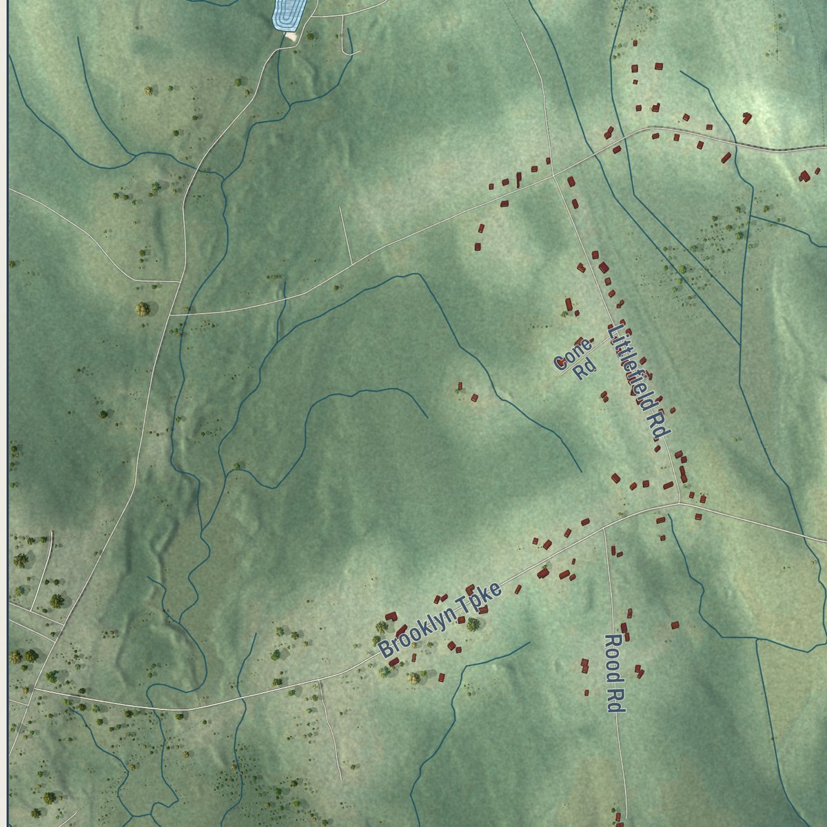 Second close-up of the map of Scotland, Connecticut print showing more streets and buildings
