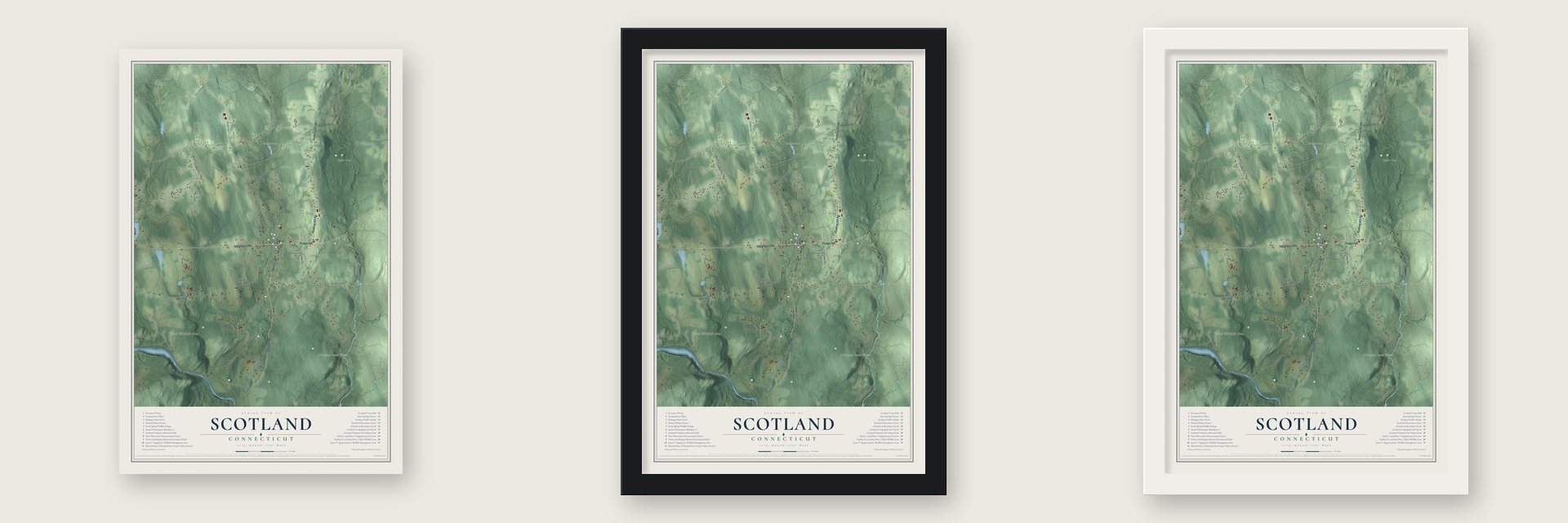 Scotland, Connecticut map unframed, in a black wood frame and in a white wood frame