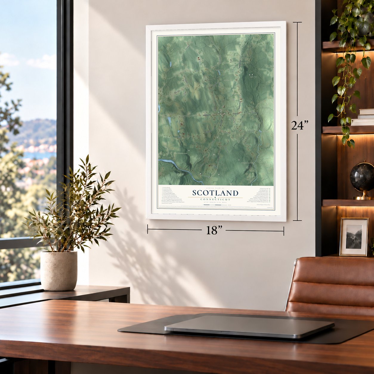 Scotland, Connecticut map, 18 x 24 inch print in a white frame in a home office