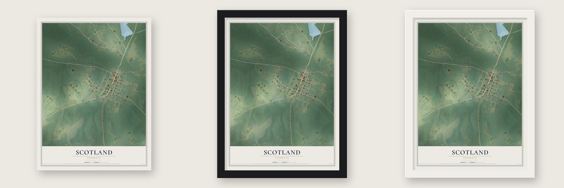 Scotland, Georgia map unframed, in a black wood frame and in a white wood frame