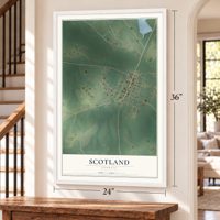 Scotland, Georgia map, 24 x 36 inch print in a white frame by a staircase