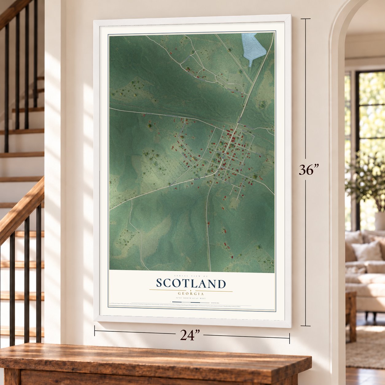 Scotland, Georgia map, 24 x 36 inch print in a white frame by a staircase