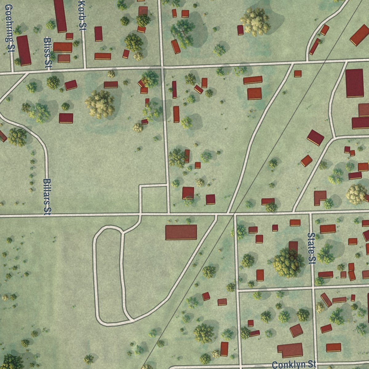 Second close-up of the map of Scotland, South Dakota print showing more streets and buildings