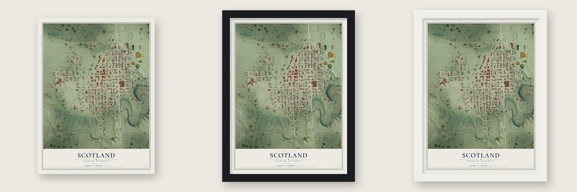 Scotland, South Dakota map unframed, in a black wood frame and in a white wood frame