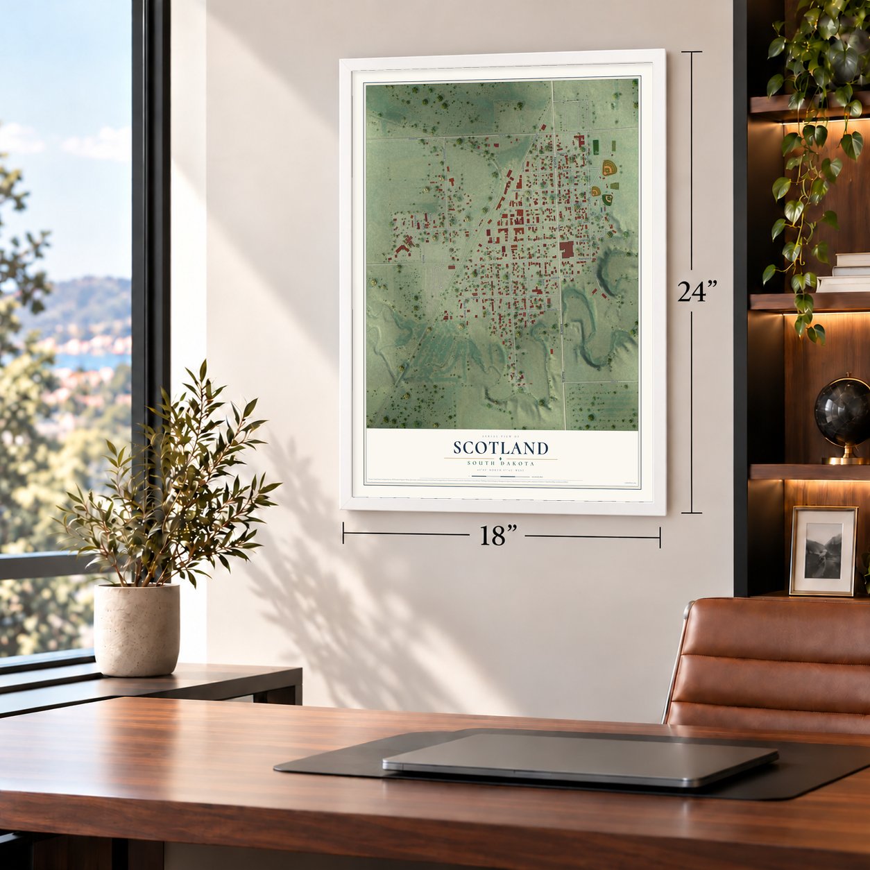 Scotland, South Dakota map, 18 x 24 inch print in a white frame in a home office