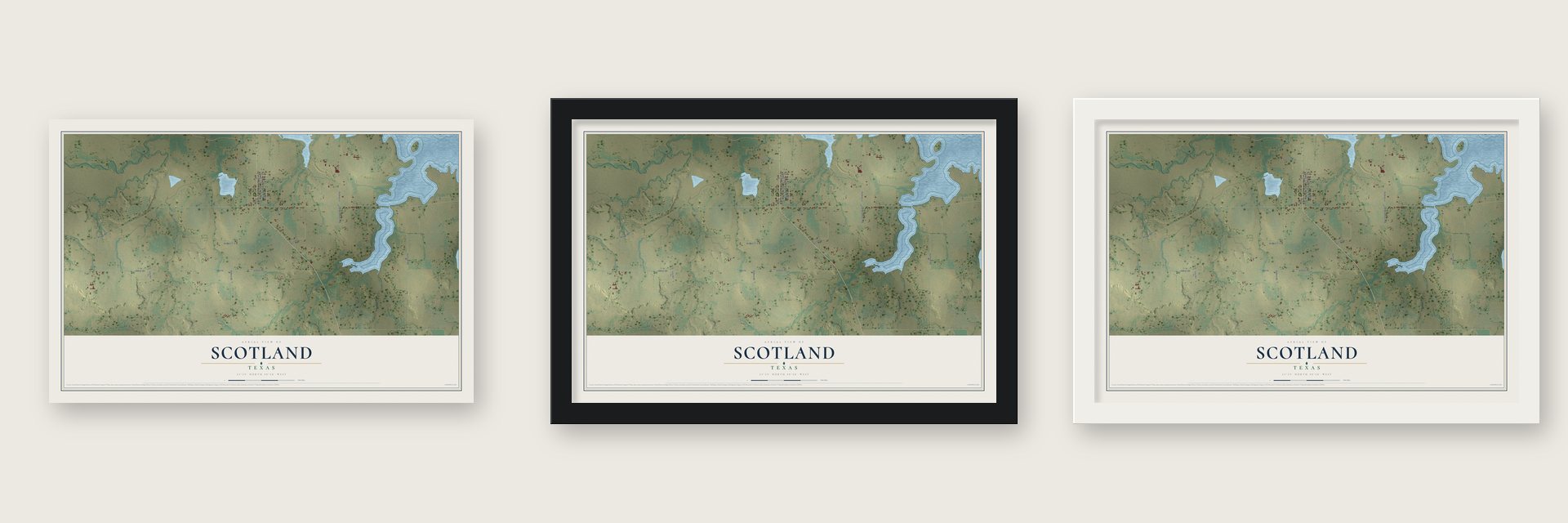 Scotland, Texas map unframed, in a black wood frame and in a white wood frame