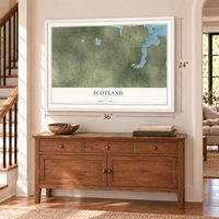 Scotland, Texas map, 24 x 36 inch print in a white frame above a dresser by a staircase