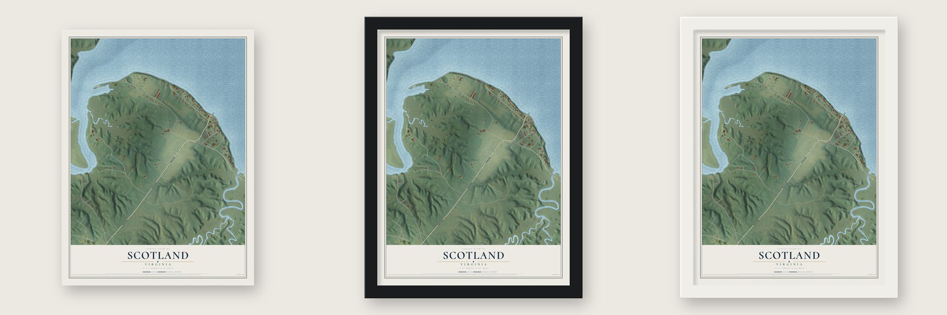 Scotland, Virginia map unframed, in a black wood frame and in a white wood frame