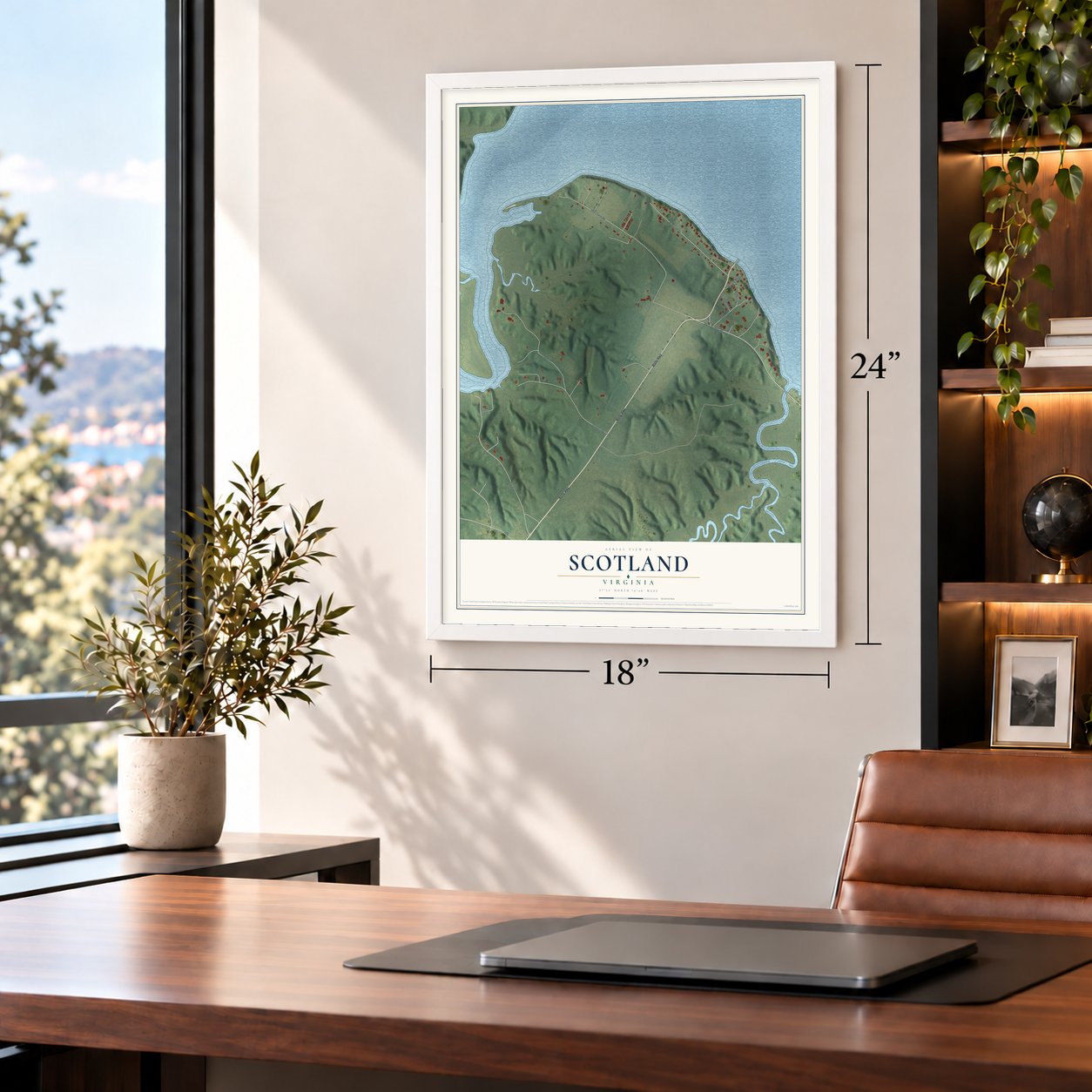 Scotland, Virginia map, 18 x 24 inch print in a white frame in a home office