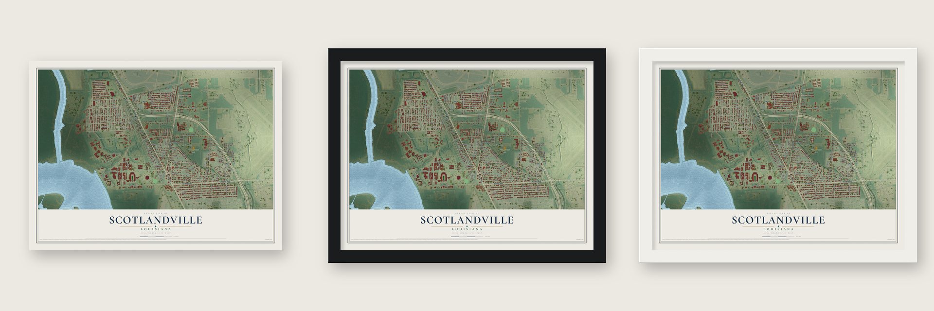 Scotlandville, Louisiana map unframed, in a black wood frame and in a white wood frame