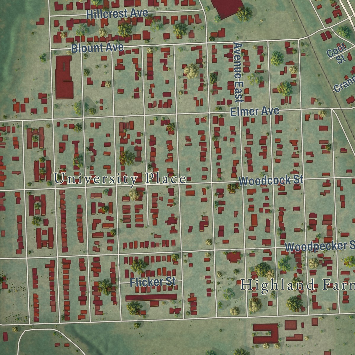 Second close-up of the map of Scotlandville, Louisiana print showing more streets and buildings