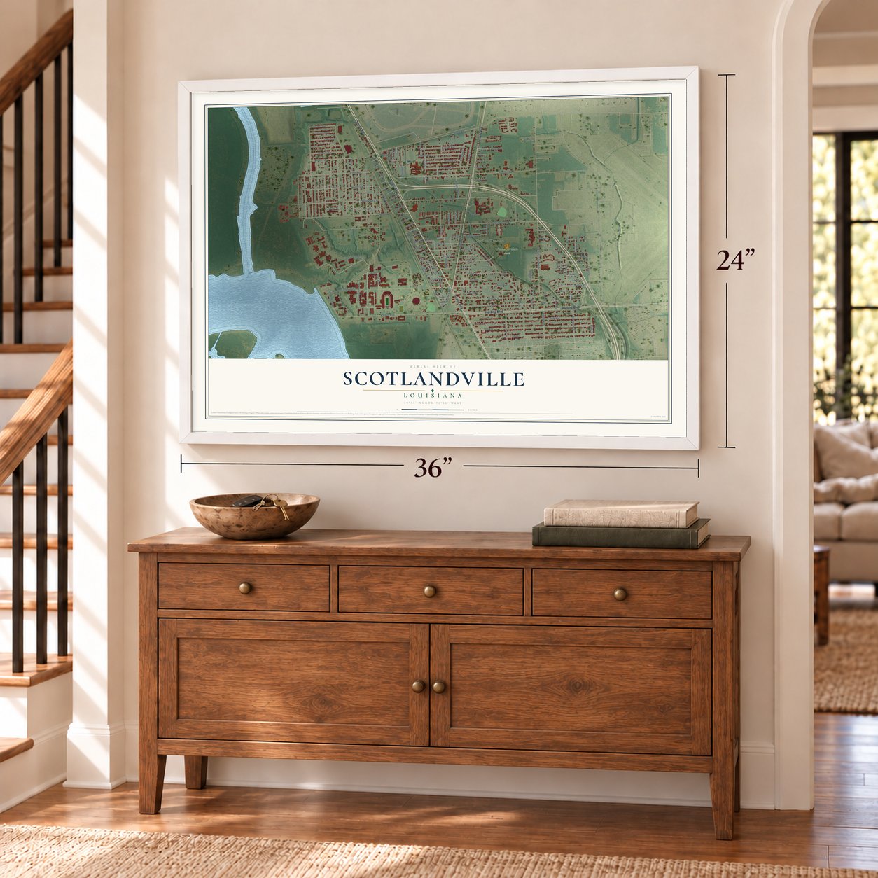 Scotlandville, Louisiana map, 24 x 36 inch print in a white frame above a dresser by a staircase