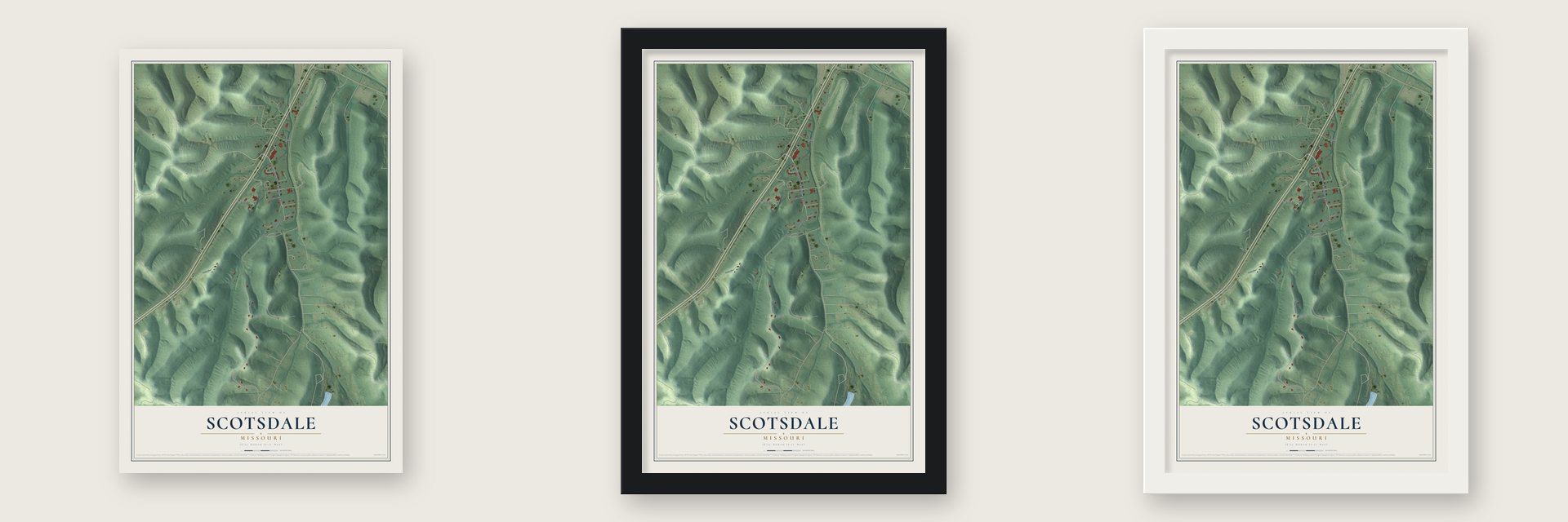 Scotsdale, Missouri map unframed, in a black wood frame and in a white wood frame