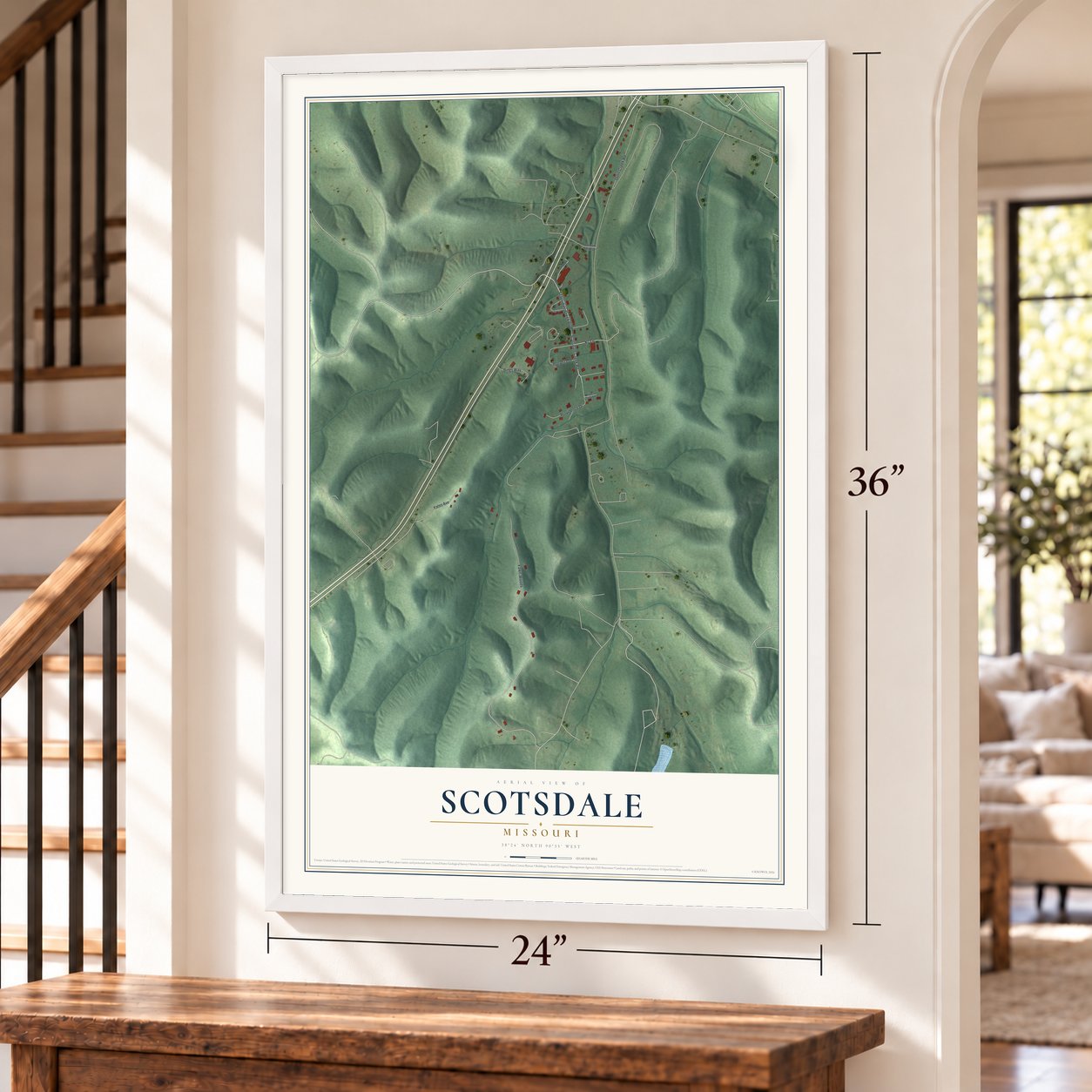 Scotsdale, Missouri map, 24 x 36 inch print in a white frame by a staircase