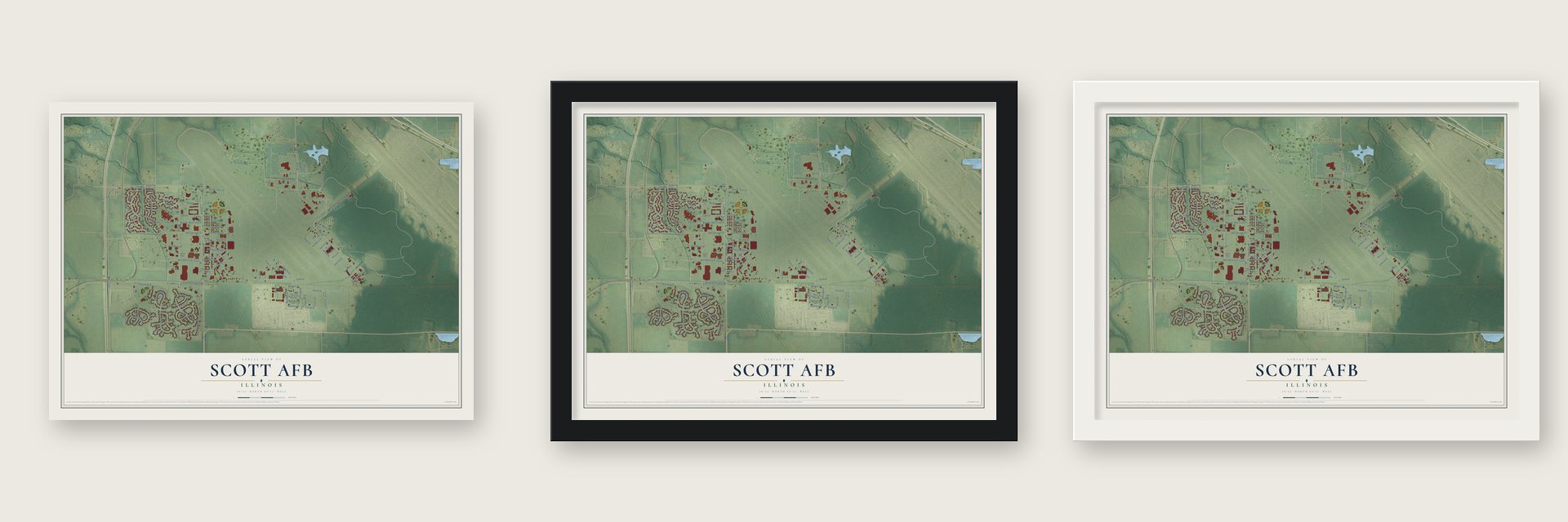 Scott AFB, Illinois map unframed, in a black wood frame and in a white wood frame