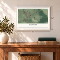 Scott AFB, Illinois map, 12 x 18 inch print in a white frame in an entryway