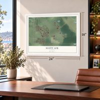 Scott AFB, Illinois map, 18 x 24 inch print in a white frame in a home office