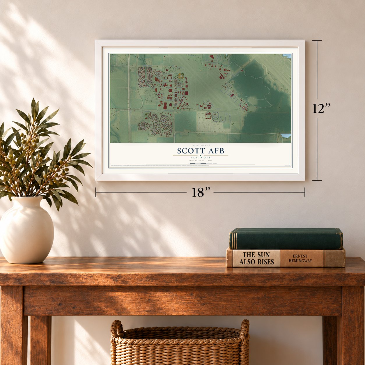 Scott AFB, Illinois map, 12 x 18 inch print in a white frame in an entryway