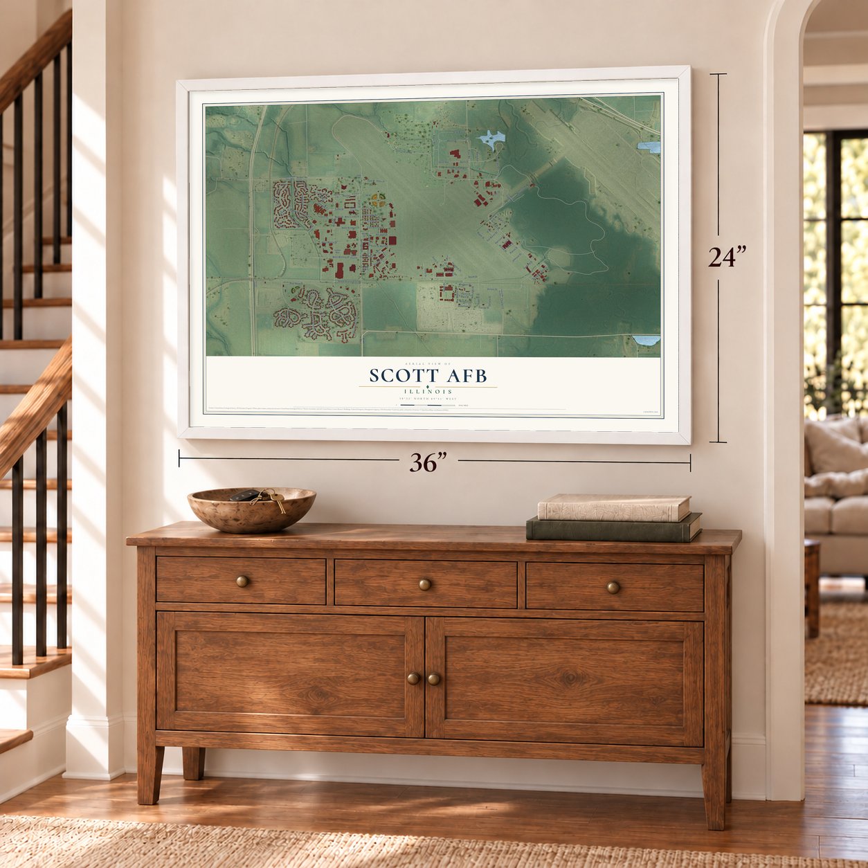 Scott AFB, Illinois map, 24 x 36 inch print in a white frame above a dresser by a staircase