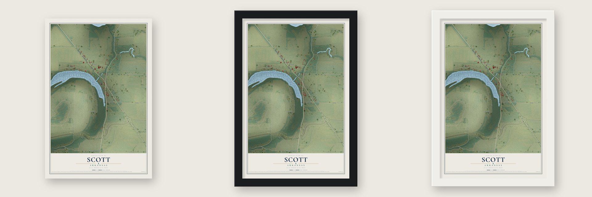 Scott, Arkansas map unframed, in a black wood frame and in a white wood frame