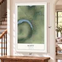 Scott, Arkansas map, 24 x 36 inch print in a white frame by a staircase