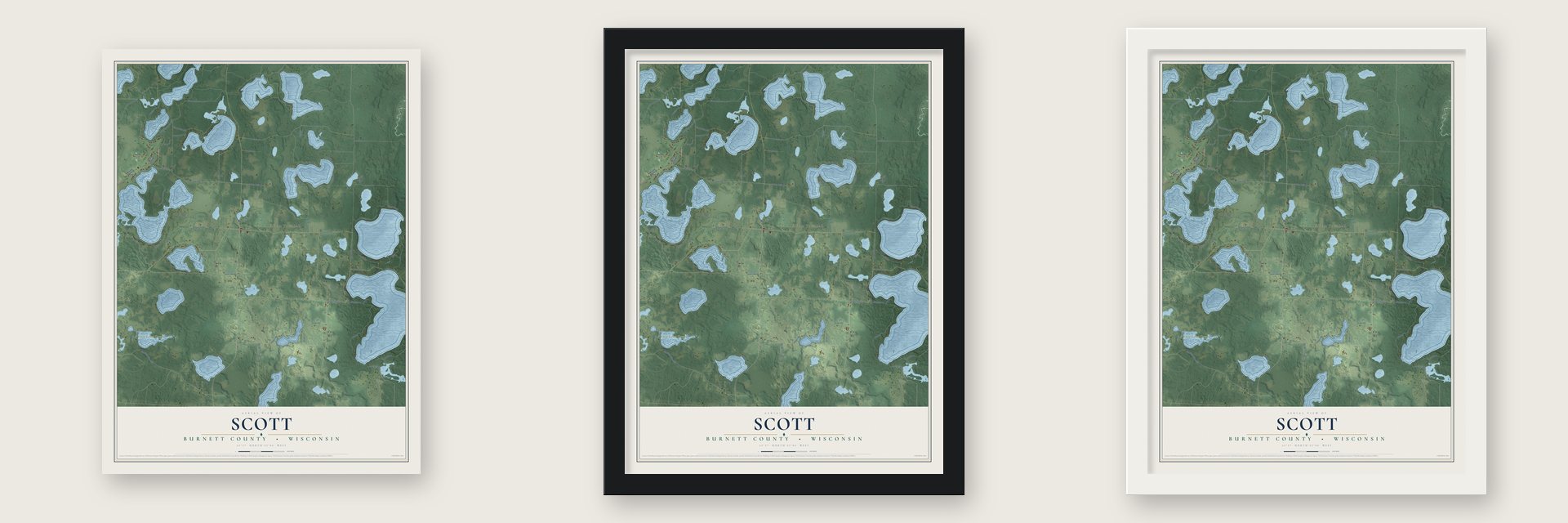 Scott, Burnett County, Wisconsin map unframed, in a black wood frame and in a white wood frame