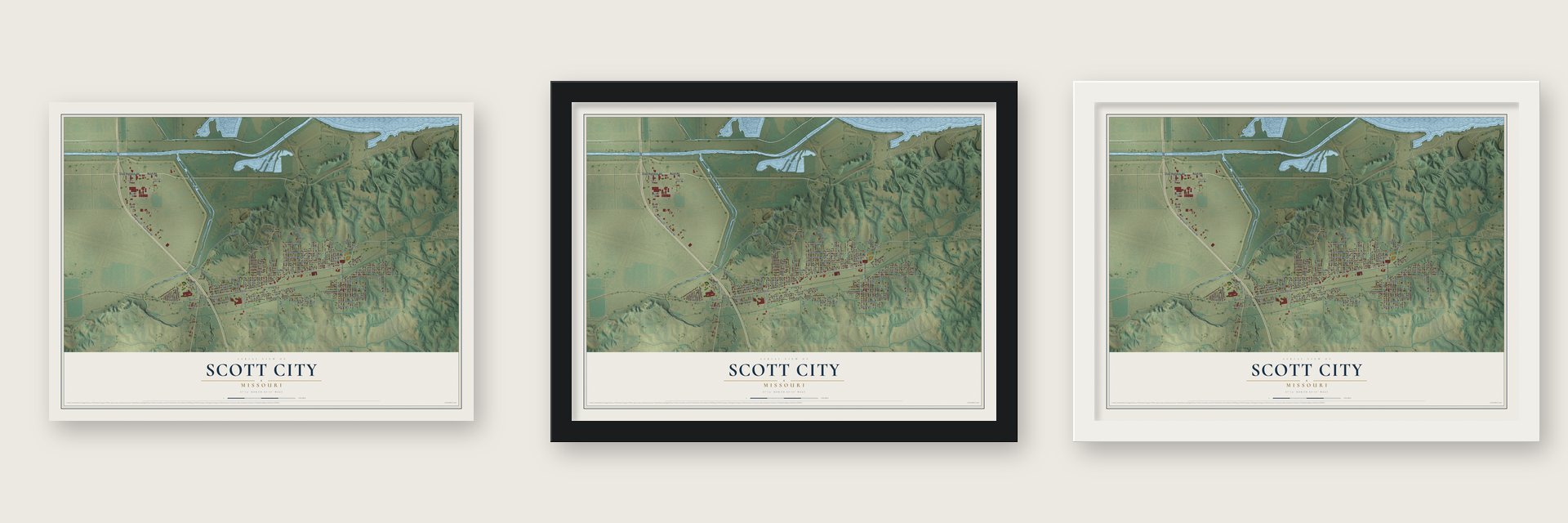 Scott City, Missouri map unframed, in a black wood frame and in a white wood frame