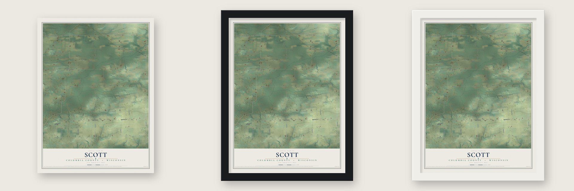 Scott, Columbia County, Wisconsin map unframed, in a black wood frame and in a white wood frame