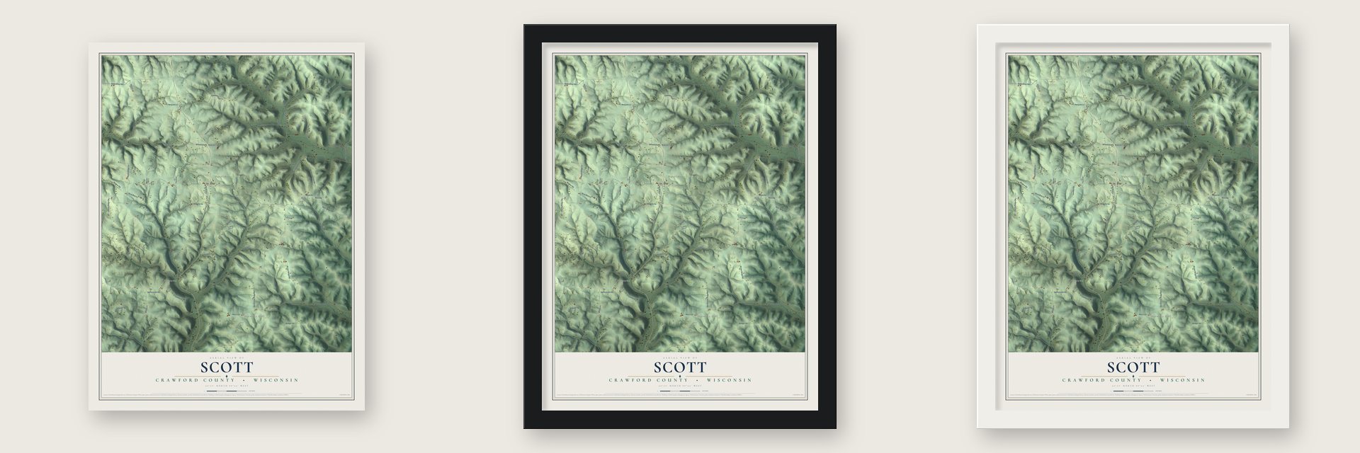 Scott, Crawford County, Wisconsin map unframed, in a black wood frame and in a white wood frame