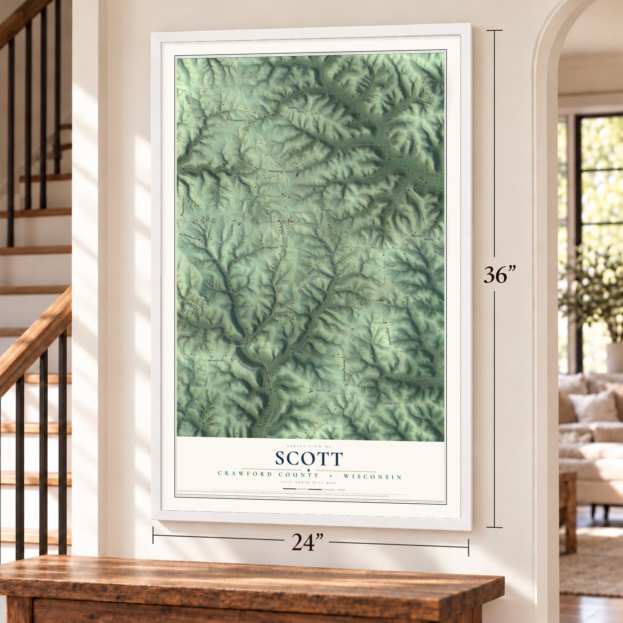 Scott, Crawford County, Wisconsin map, 24 x 36 inch print in a white frame by a staircase