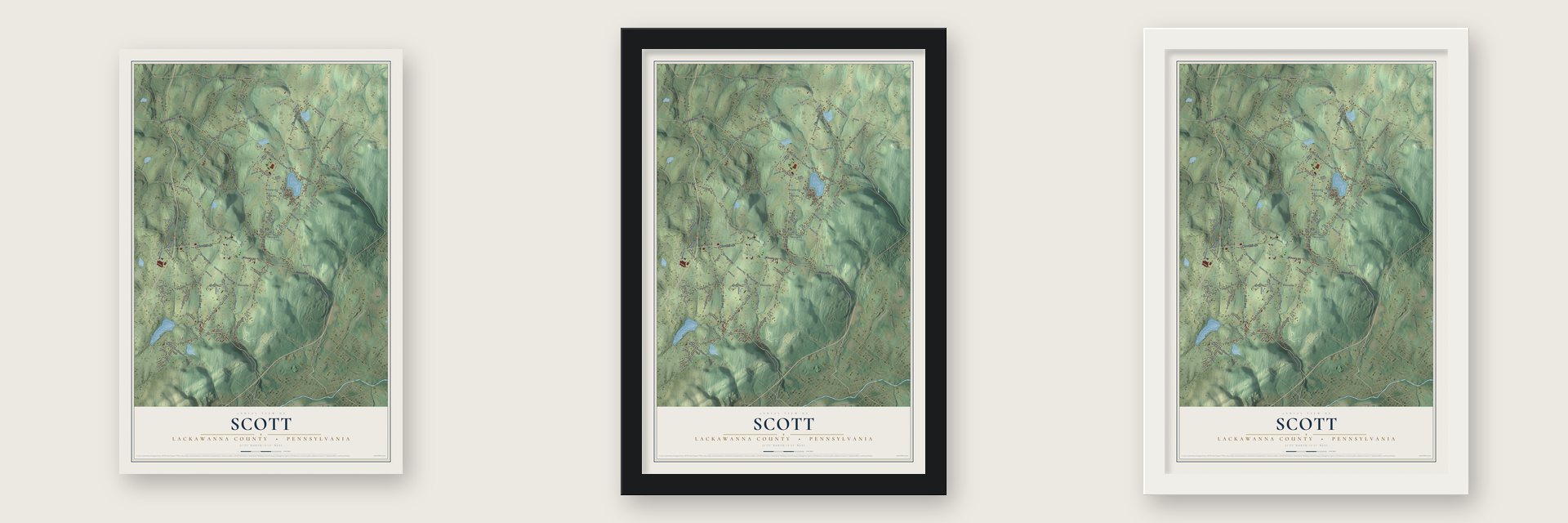 Scott, Lackawanna County, Pennsylvania map unframed, in a black wood frame and in a white wood frame