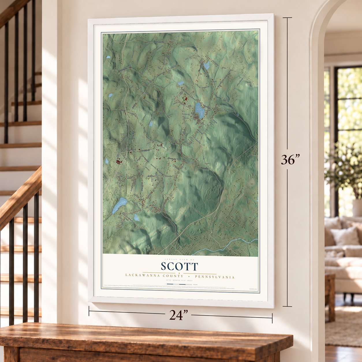 Scott, Lackawanna County, Pennsylvania map, 24 x 36 inch print in a white frame by a staircase