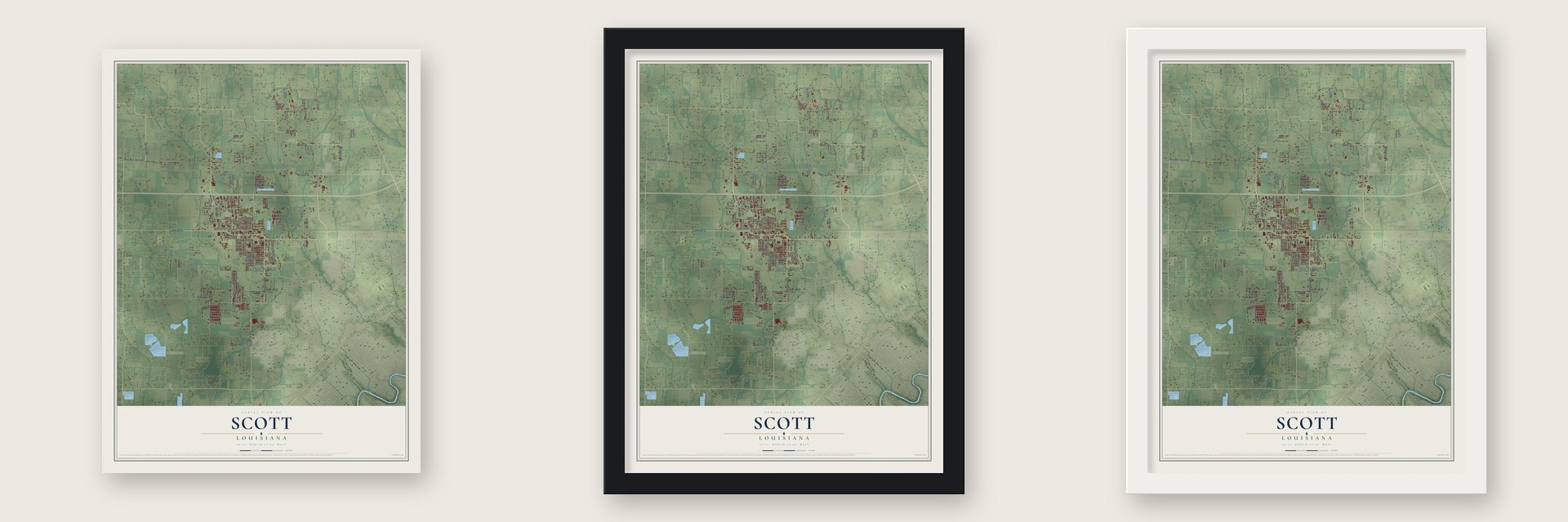 Scott, Louisiana map unframed, in a black wood frame and in a white wood frame