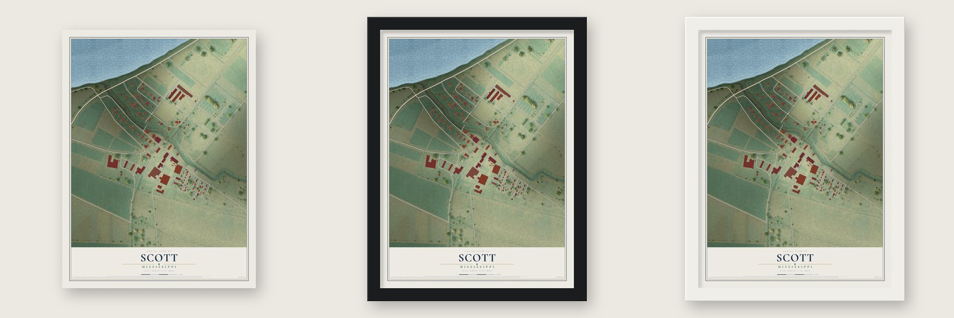 Scott, Mississippi map unframed, in a black wood frame and in a white wood frame