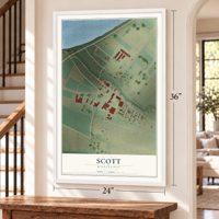 Scott, Mississippi map, 24 x 36 inch print in a white frame by a staircase