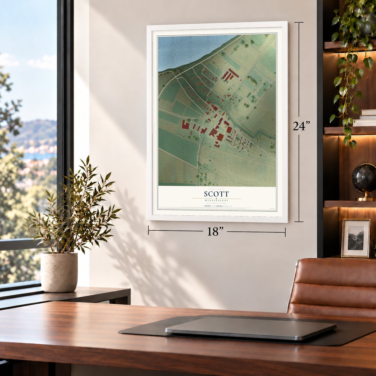 Scott, Mississippi map, 18 x 24 inch print in a white frame in a home office